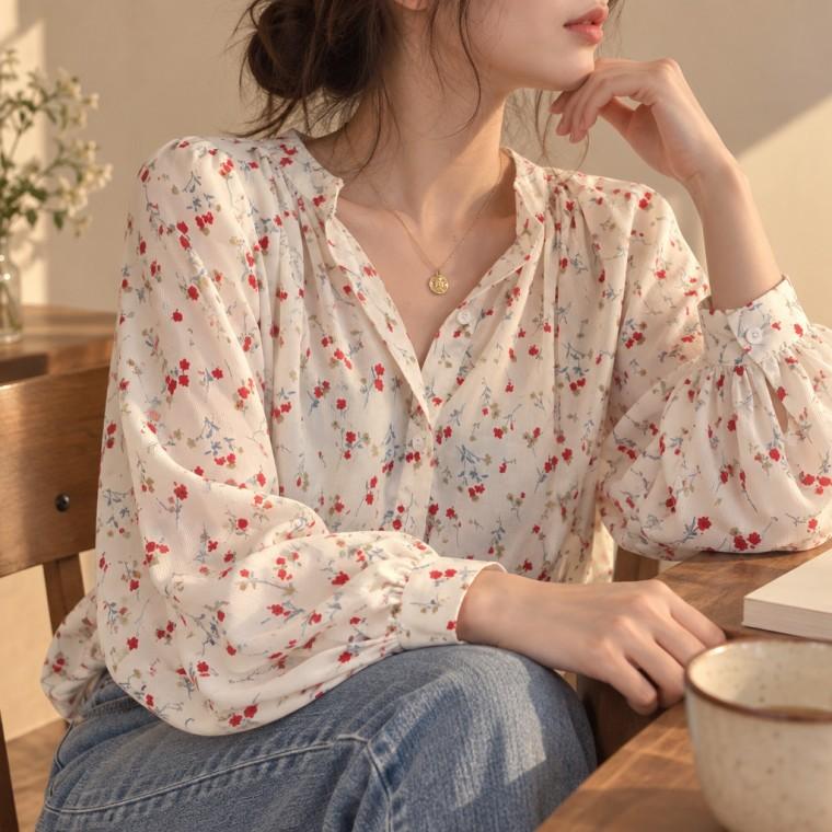 루즈핏 플로럴 쉬폰 블라우스 구김없는 벌룬소매 여리여리한