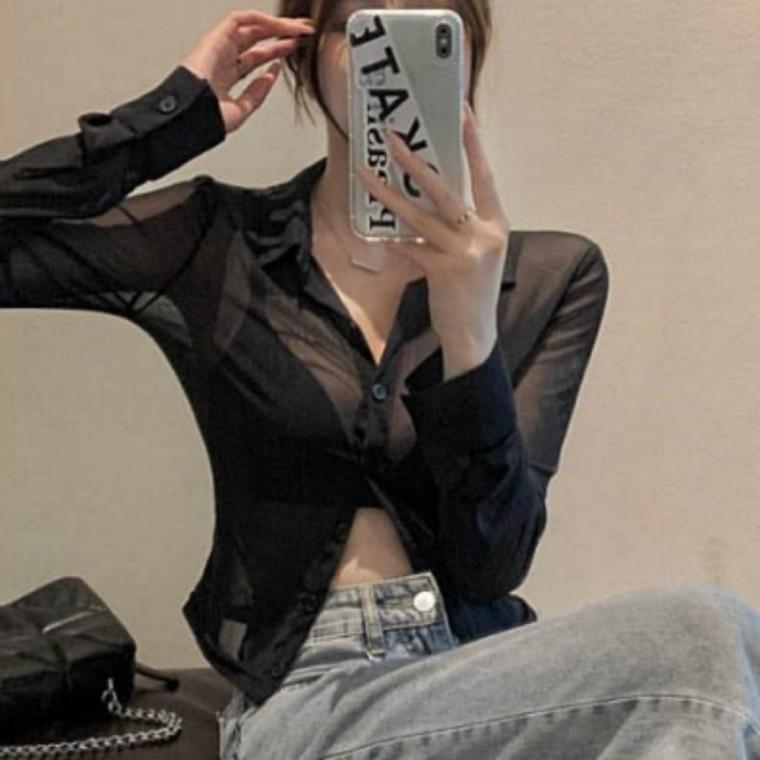 출근룩 여성 시스루 블랙 카라 셔츠 남방 오피스룩