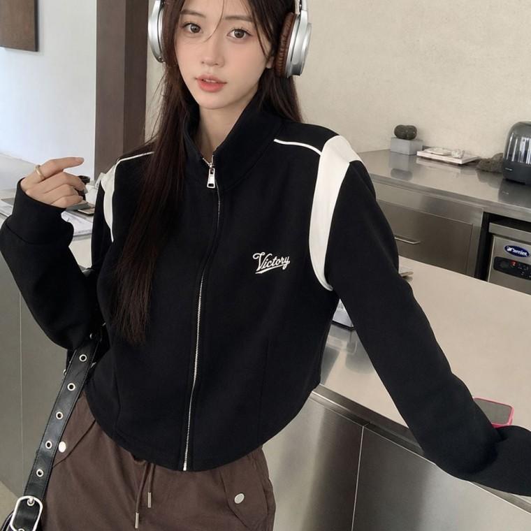 라인 레터링 포인트 스포티 스타일 긴팔 집업 여성 하이넥 배색