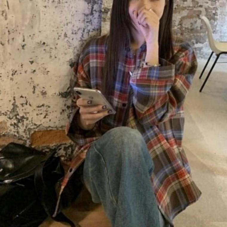 출근룩 체크 셔츠 상의 오버핏 캐주얼 여성 남방