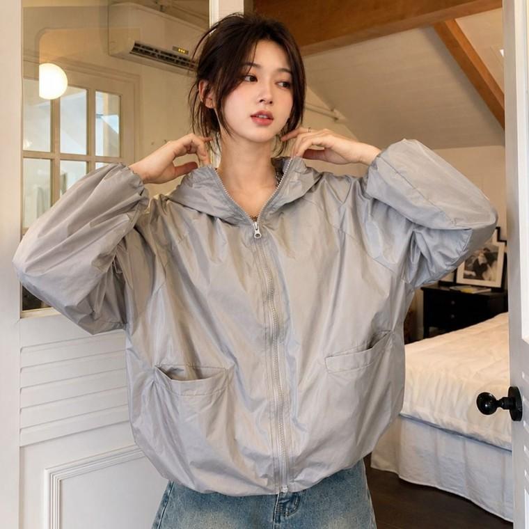 디자인 사이드 포켓 캐주얼 외출 바람막이 점퍼 여성 얇은 후드