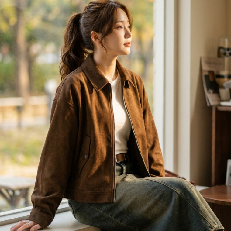 여성 가을 카라 스웨이드자켓 크롭 오버핏 간절기 숏 아우터 워크자켓 점퍼