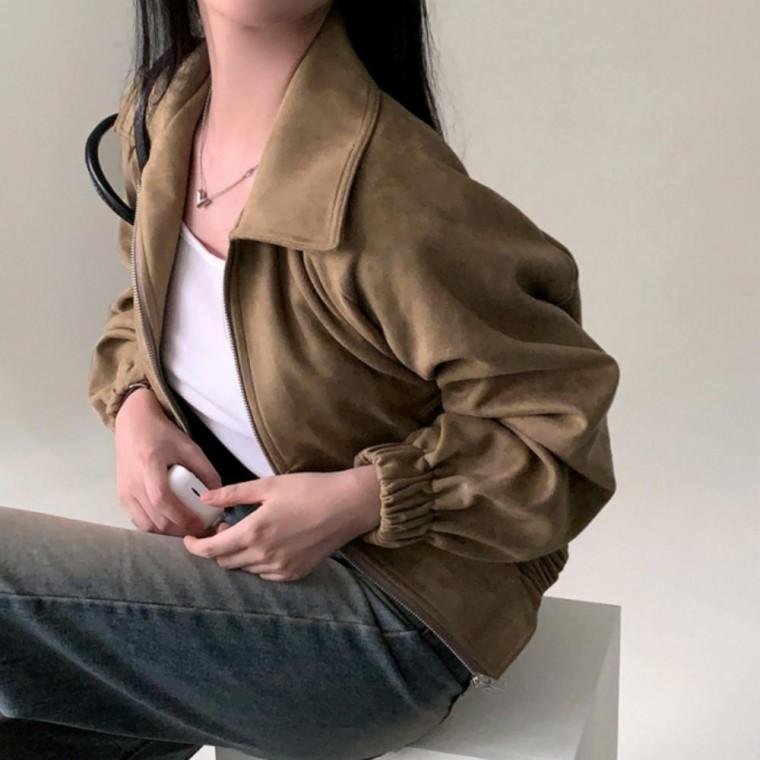 여성 가을 루즈핏 밴딩 포켓 크롭 블루종 스웨이드 자켓