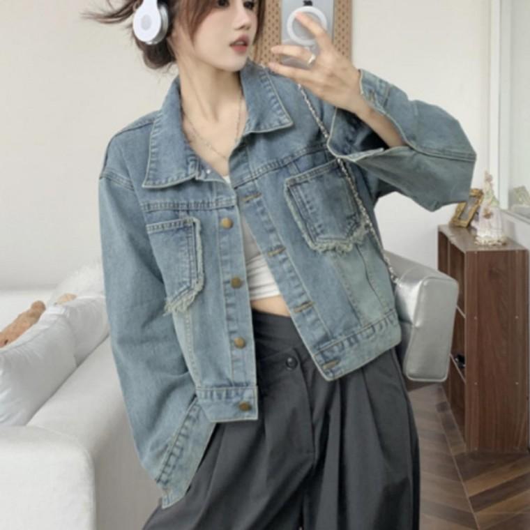여성 재킷 아우터 간절기 크롭 포켓 루즈핏 데님 청자켓