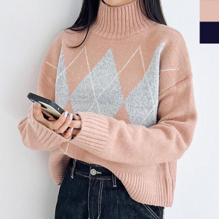 여성 겨울 아가일 반목 니트티 1P 따뜻한 여자옷