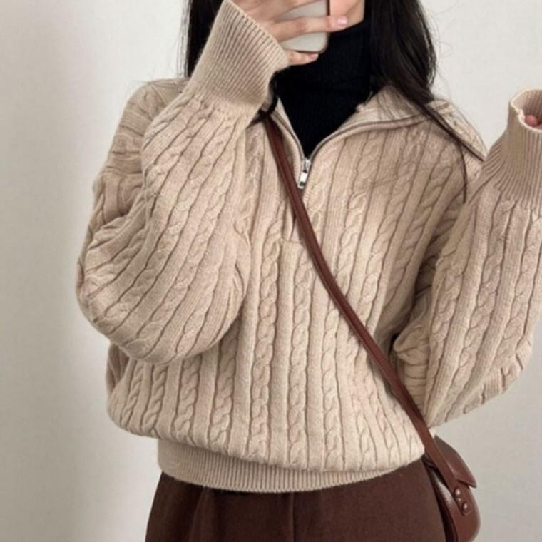 카라 여성 니트티 반집업 하이넥 여자 니트 티셔츠 여자티셔츠