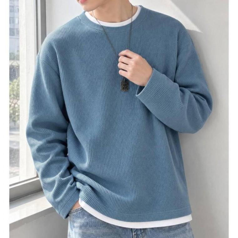 남성 배색 레이어드 와플 긴팔 티셔츠 라운드넥 이너 상의
