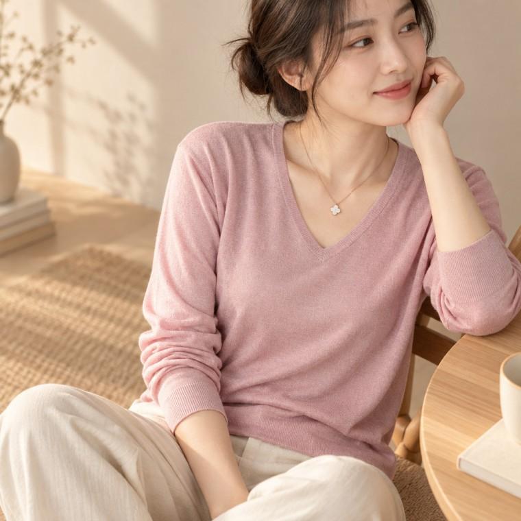 이너 니트 가을 여성 긴팔 상의 블랙 화이트 무지티 브이넥