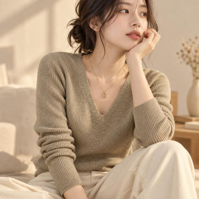 골지 니트티 간절기 브이넥 레이어드 긴팔 티셔츠 여성