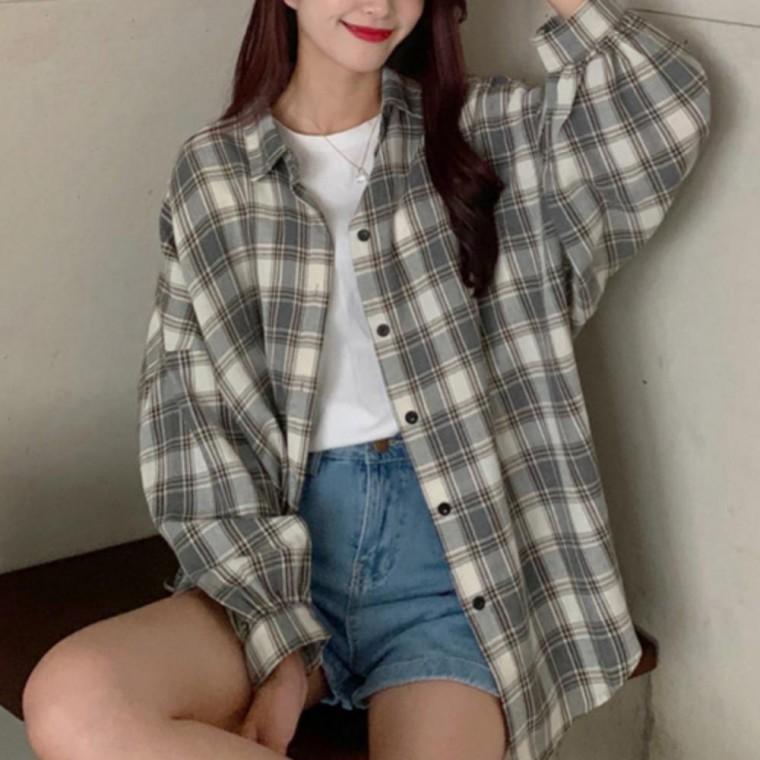 여성 오버핏 빈티지 루즈핏 남방 가을 체크 셔츠 자켓