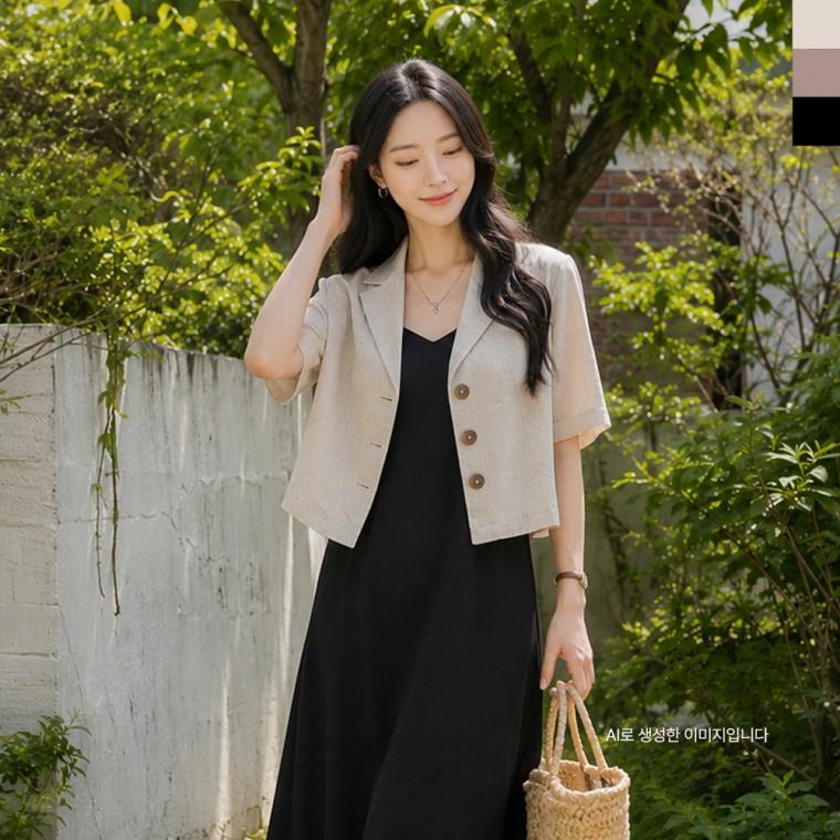 여자린넨 버튼크롭반팔자켓