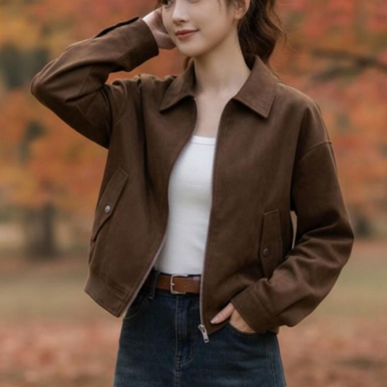 여성 간절기 오버핏 아우터 스웨이드 가을 크롭 자켓