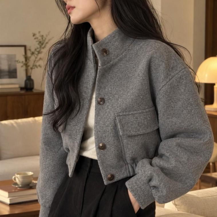 여성 포켓 빅버튼 카라넥 아우터 재킷 크롭 숏 자켓