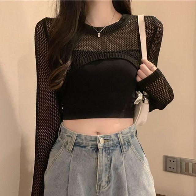 크롭그물심플니트 크롭니트볼레로 원피스볼레로