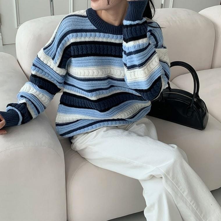 스트라이프 여성 니트티 배색 니트 여자 긴팔 티셔츠