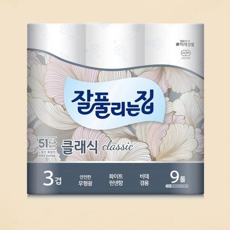 잘풀리는집 더 도톰한 3겹 무형광 화장지 휴지 9롤 화장실용 대용량 두루마리 저렴한 고급