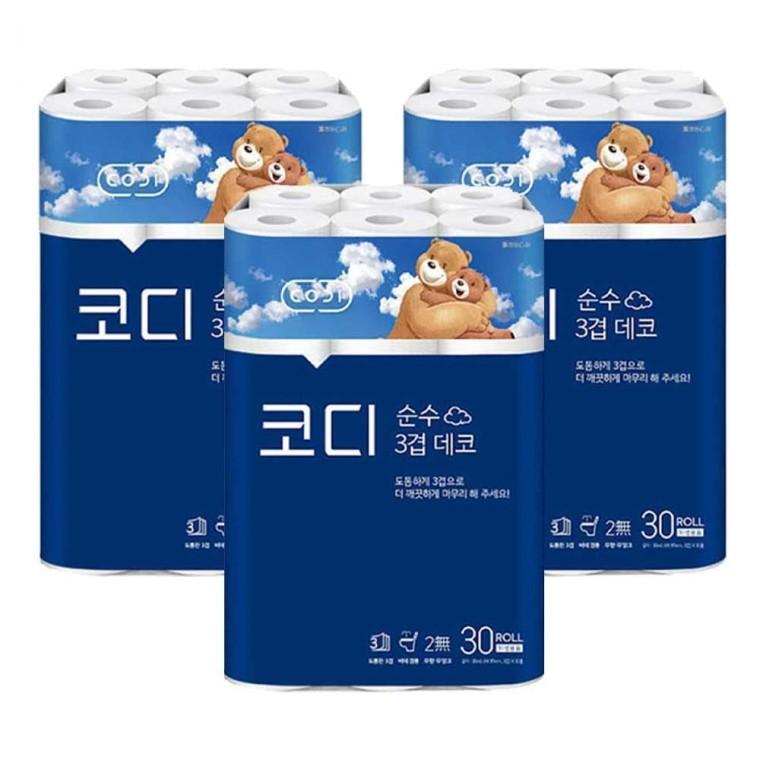 코디 데코순수 3겹 30롤 휴지x3개 롤화장지 두루마리 생필품