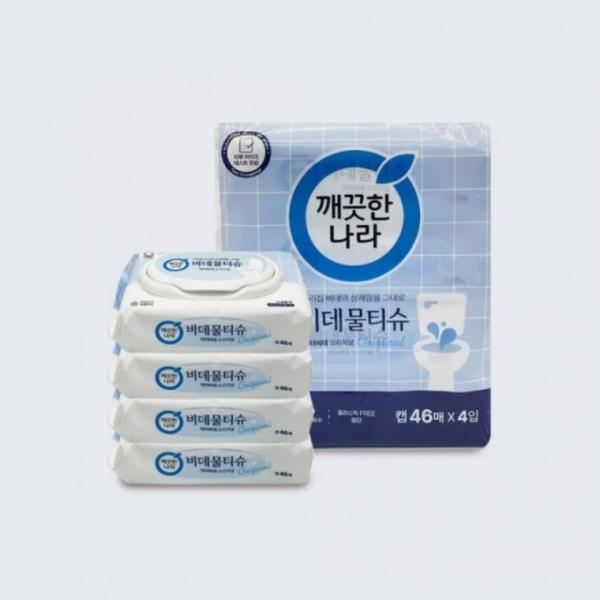 깨끗한나라 비데물티슈 캡형 46매 4입 화장실용 도톰 물티슈