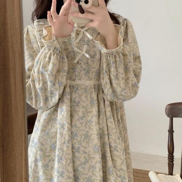잔꽃 긴팔 꽃무늬 플라워 원피스 홈웨어 잠옷
