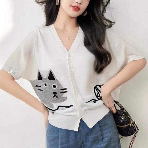 G126878 고양이 V넥 반팔니트 가디건