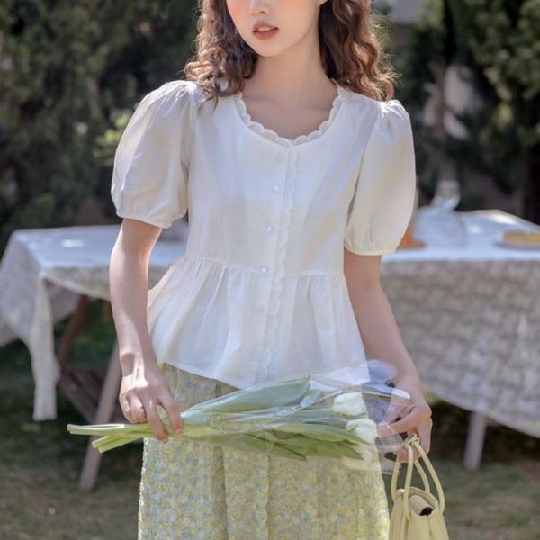G126919 레이스포인트 밴딩퍼프 반팔 블라우스