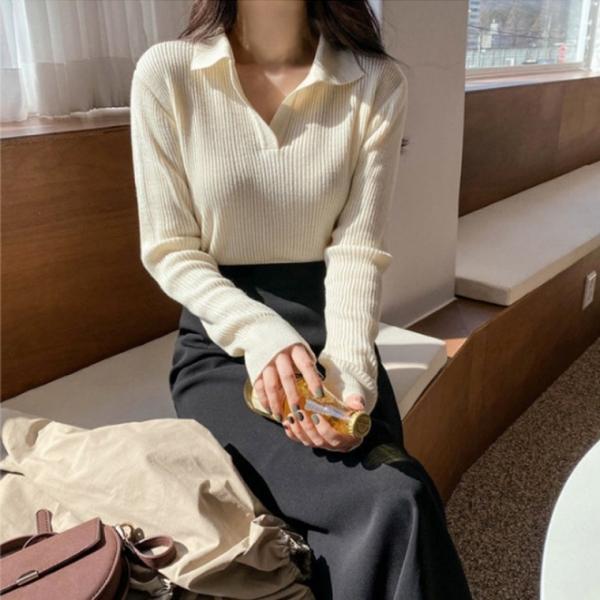 여자 브이넥 V넥 카라 간절기 봄 가을 겨울 골지 긴팔 데일리 슬림 니트 티셔츠