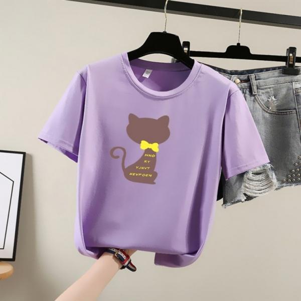 여자 루즈핏 고양이 레터링 라운드 반팔티 오버핏티셔츠 스판 아이스 티셔츠