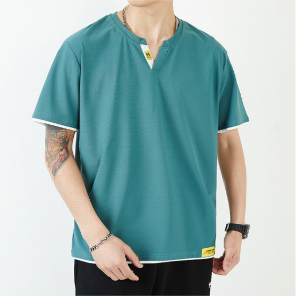 고탄력 냉감소재 V넥 투톤베이직 데일리 라운드 반팔 쿨티셔츠