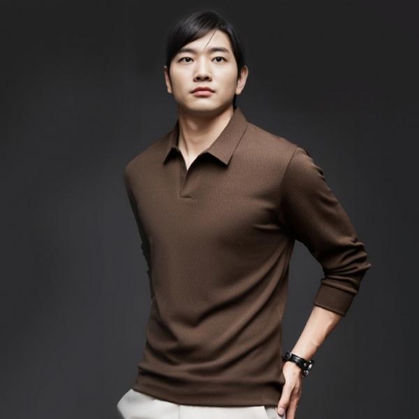 남자 봄 가을 카라티 정장티 오픈 카라 레이어드 긴팔 티셔츠