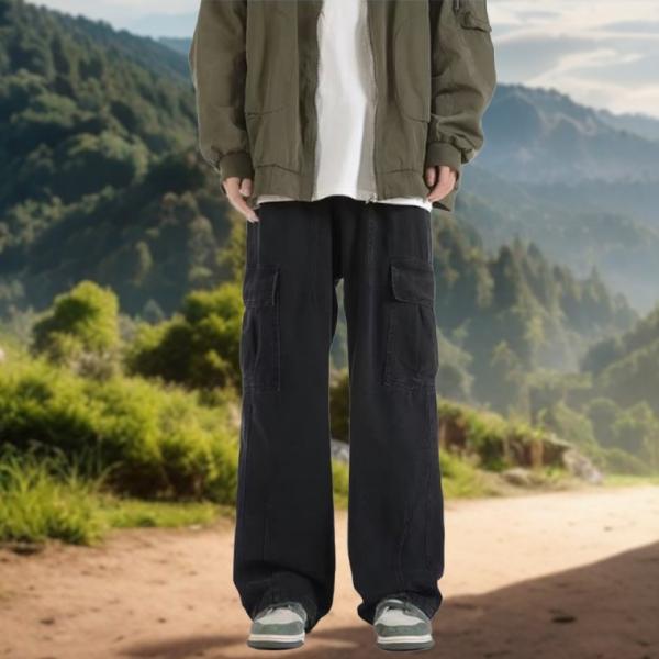 남자 통큰 카고바지 와이드청바지 데님팬츠 블랙진 흑청바지