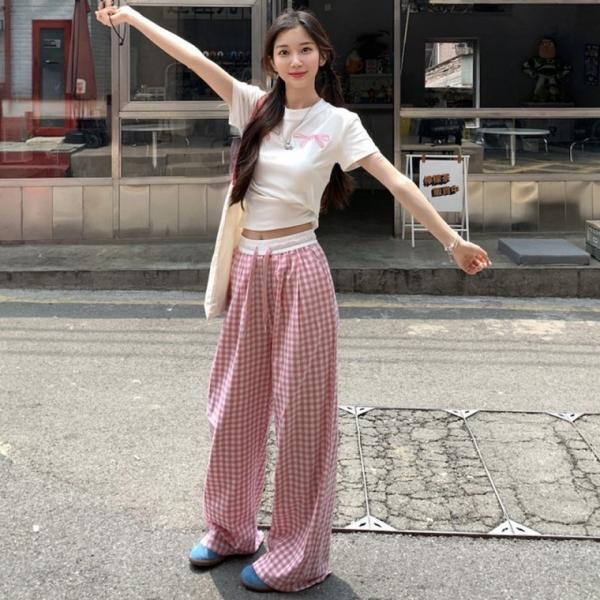 여자 핑크와이드팬츠 쿨팬츠 얇은 찰랑 밴딩 와이드팬츠 체크바지