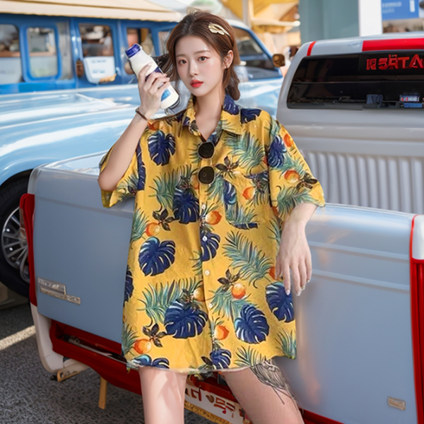 휴양지 바캉스룩 알로하 하와이안 반팔셔츠 야자수 꽃무늬 셔츠