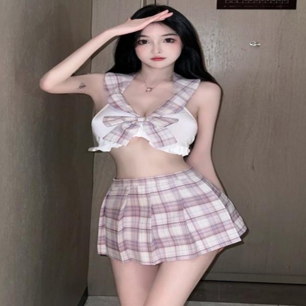 섹시 교복 코스튬 홀터넷 핑크 세라복 티팬티 세트 이벤트 속옷