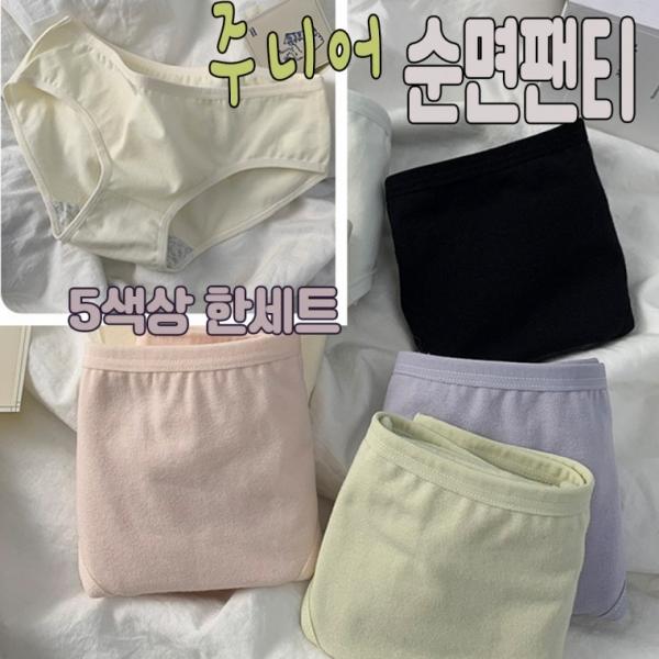 고품질 파스텔 데일리 주니어 여자학생 순면팬티 M L XL 85부터95사이즈 5장한세트 심플한지퍼팩포장
