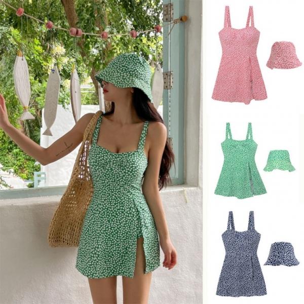 체형커버 모자+수영복세트 원피스 투피스 모노키니 호캉스 네이비 그린 핑크3colors