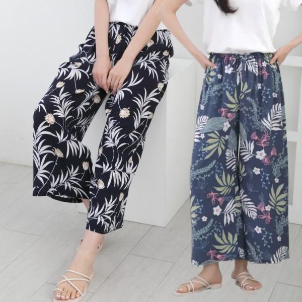 플라워 와이드팬츠 밴딩 와이드 통바지 바캉스 쉬폰바지 여름바지 면통바지