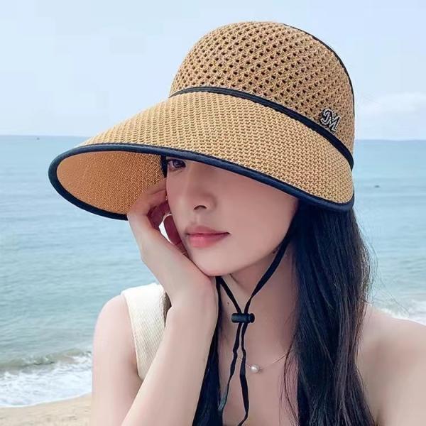 M큐빅 돌돌이 라탄 썬캡   가벼운 철벽 햇빛 방어 밀짚모자 자외선차단 챙넓은 라탄 휴양지 모자