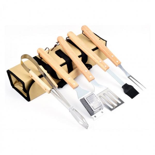 바베큐 조리도구 세트 원목 5P 케이스포함 캠핑 취사도구 뒤집개 집게 브러쉬 BBQ용품