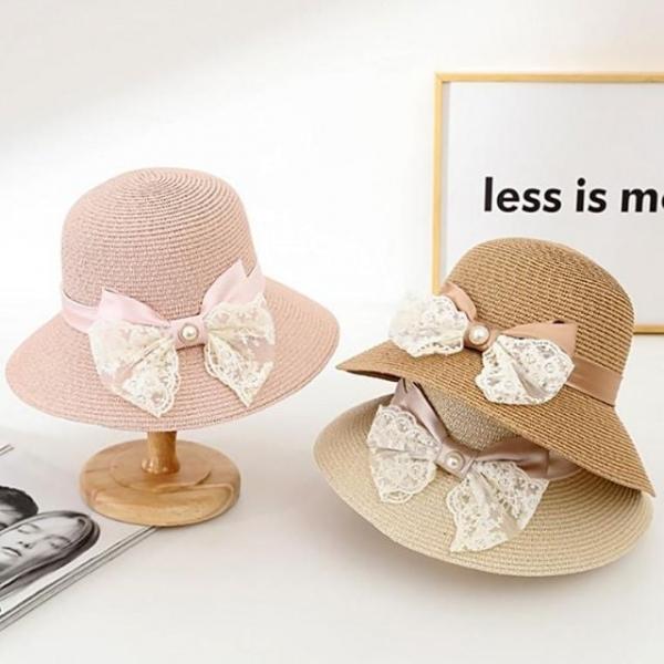준캡 봄 여름 가을 진주레이스리본 밀짚모자 햇빛 자외선차단 여성 여자 모자 버킷햇 밀짚모자