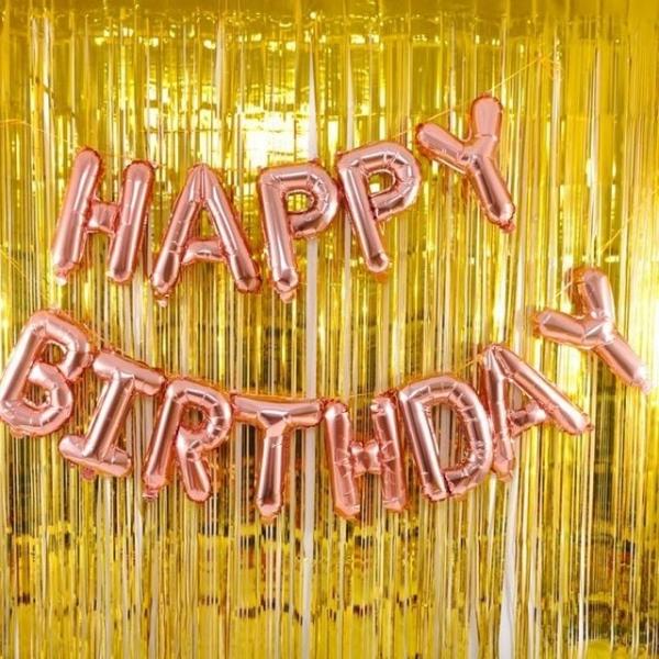 (은박풍선생일로즈골드+커튼골드세트) 파티 장식 호일풍선 수술커튼 생일파티 기념일