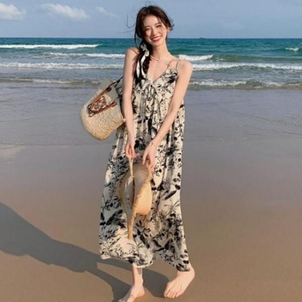 수묵화 플라워 패턴 앞리본 여름 원피스 URD-516