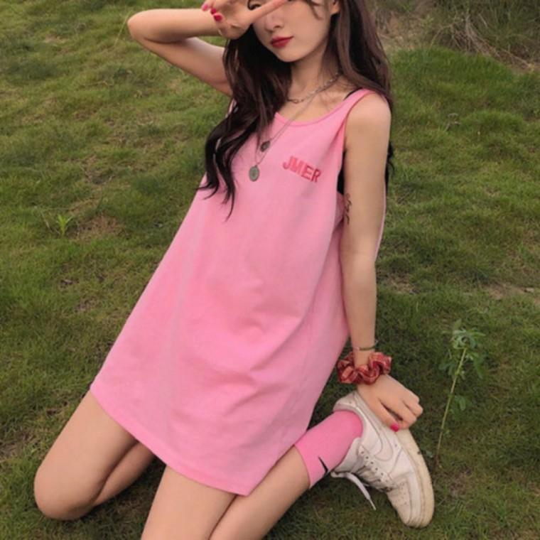 여성 핑크 그레이 롱 민소매 나시 티셔츠