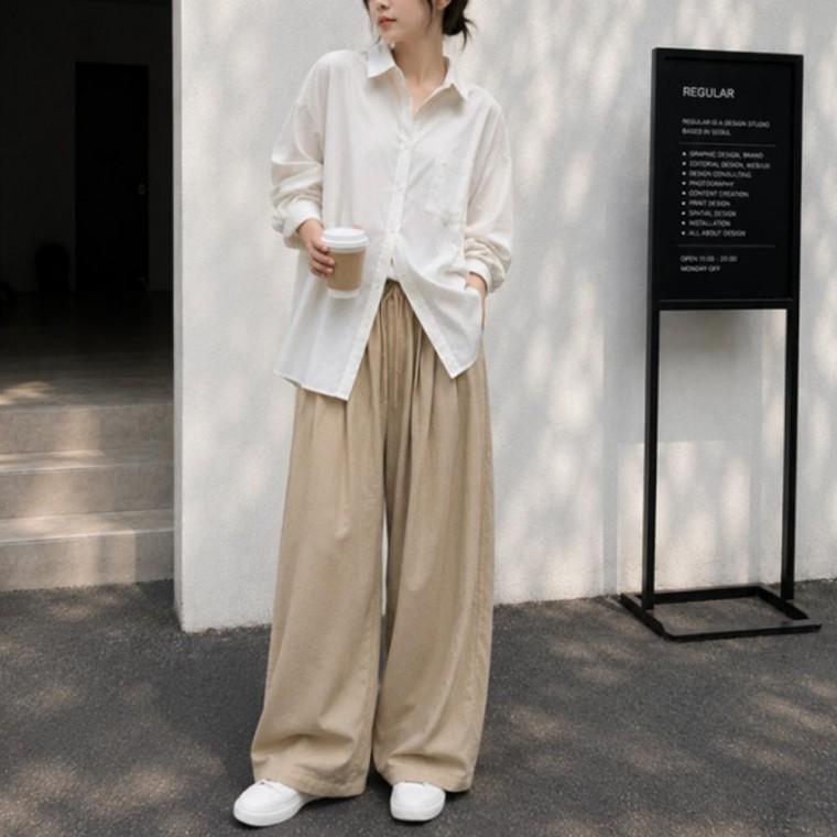 여성 여름 핀턱 와이드 찰랑 쿨 밴딩 팬츠 통 바지