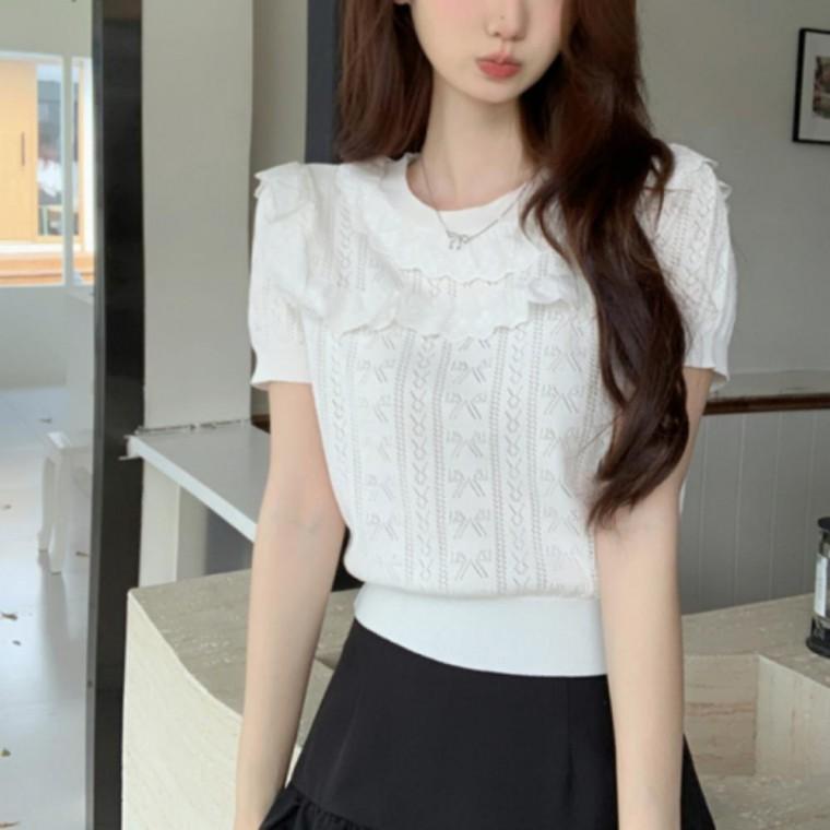 데일리 프릴넥 반팔 니트 티셔츠 펀칭 캐주얼