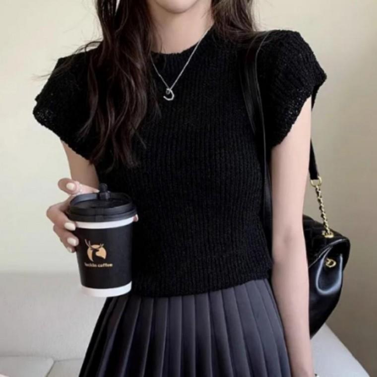 캡소매 여름 반팔 니트 여성 여리핏 라운드 티셔츠