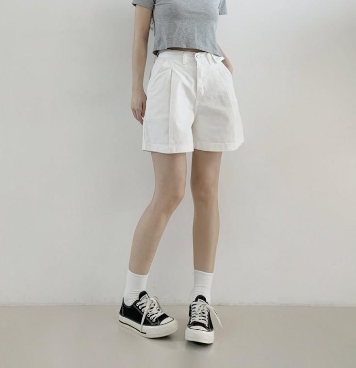 리엘쑤 데일리 편안한 허리밴딩 앞핀턱 주름 하이웨스트 면 반바지 팬츠 S SIZE