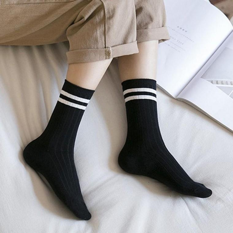 여성 데일리 실전 두줄 배색 골지 블랙 중목양말 5켤레