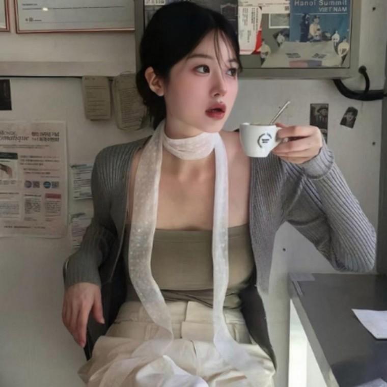 여성 타이 러블리 도트 레이스 레이어드 롱 스카프