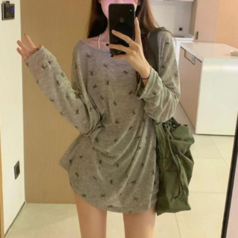 여성 루즈핏 오버핏 롱슬리브 리본 패턴 긴팔 티셔츠