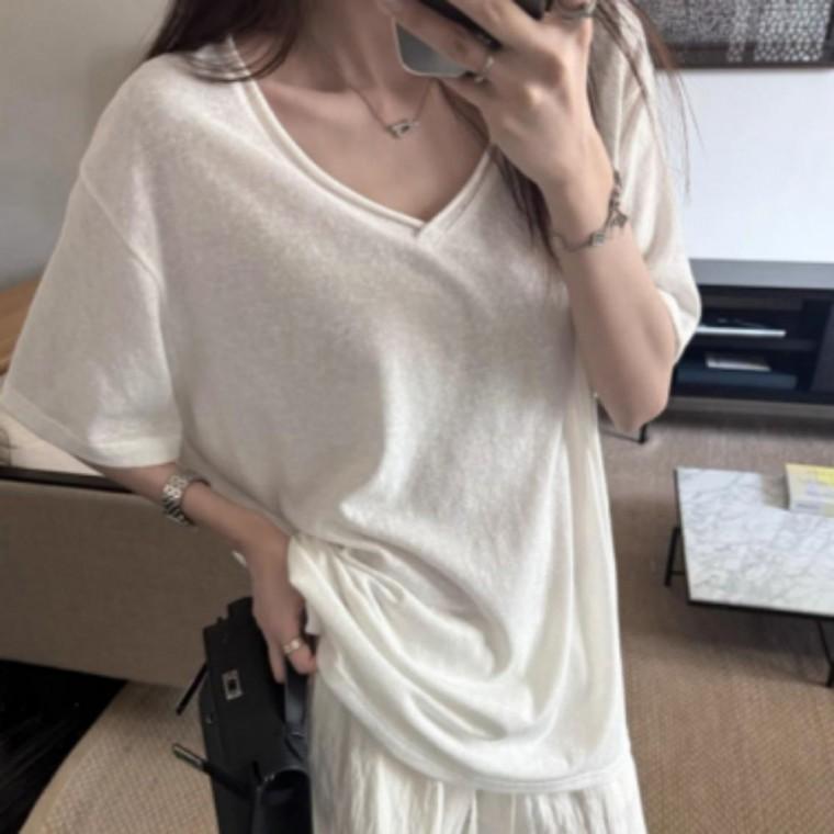여성 데일리 여름 얇은 루즈핏 브이넥 반팔 티셔츠